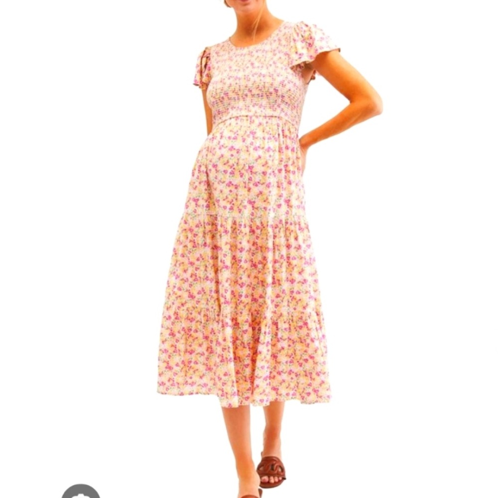 Floral Smocked Midi Dress Maternity Size Small